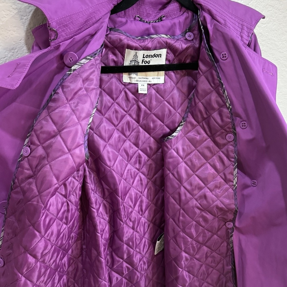 LONDON FOG Trench Coat Purple Grape Jacket With Hoodie & Belt Women Size PM - Picture 5 of 10
